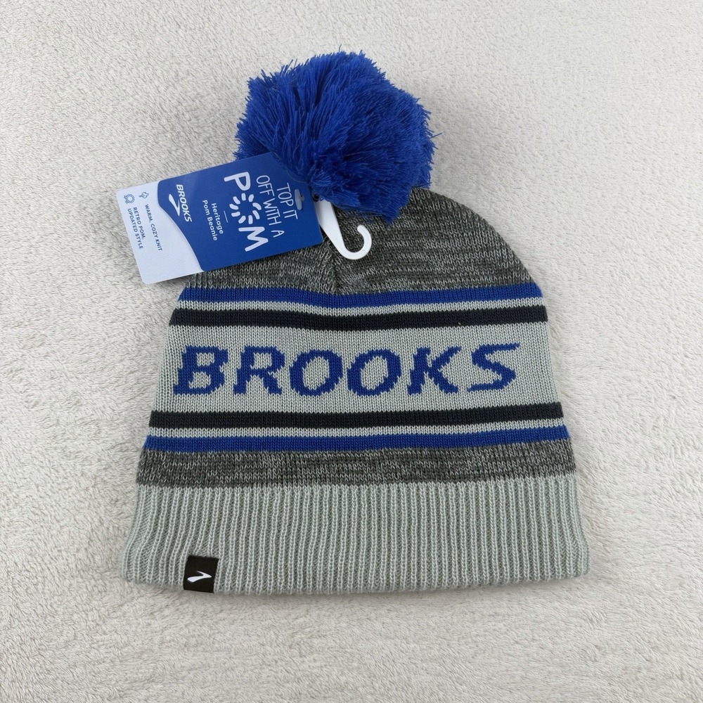 NWT Brooks Heritage Retro Pom‎ Beanie Knit Cap Fleece Lined Hat Blue Gray OSFA
